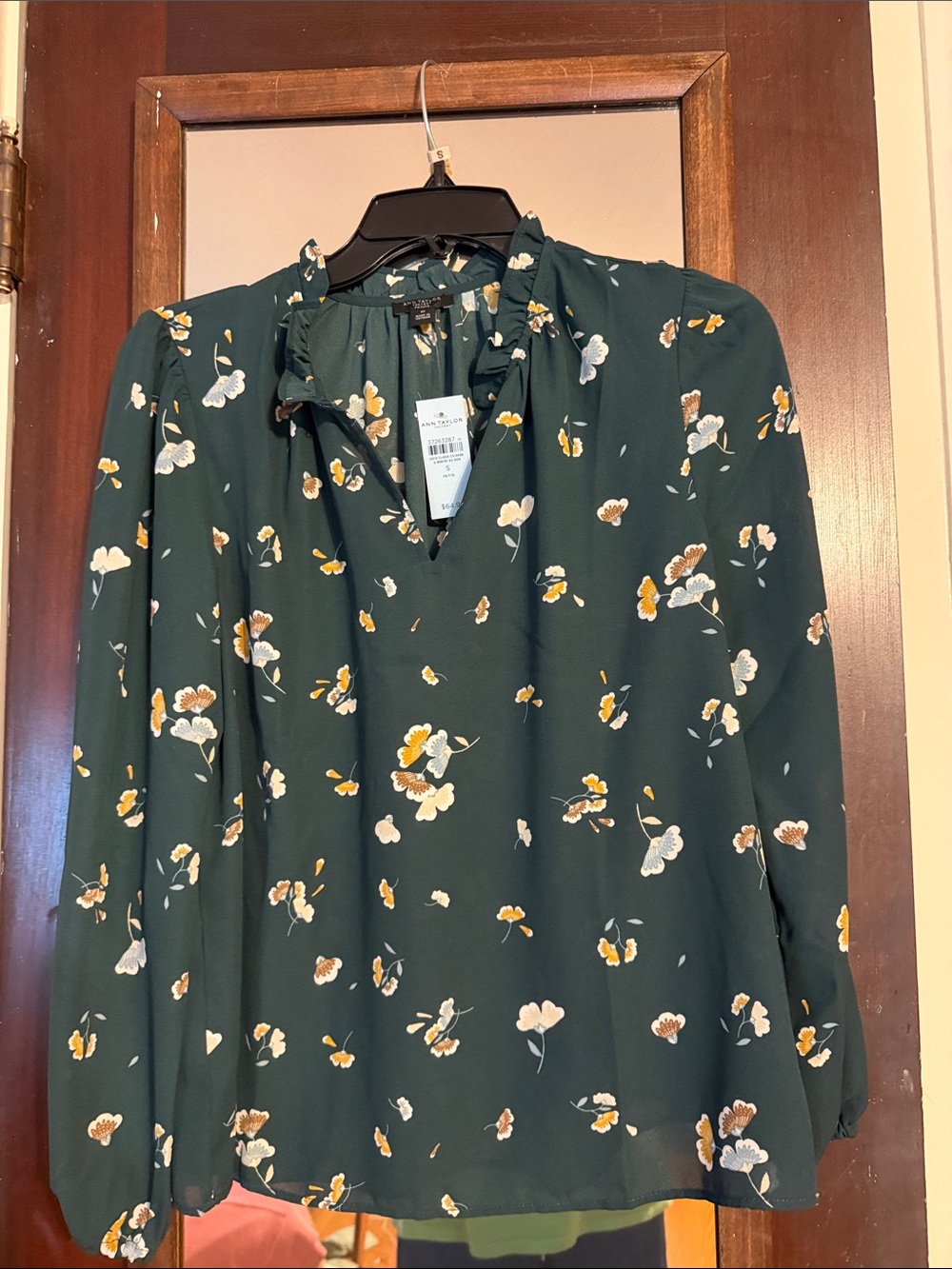 Ann Taylor Dark Green Floral Ruffle-Neck Blouse